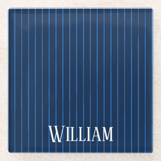 Personalized navy blue pinstripes glass coaster (Front)