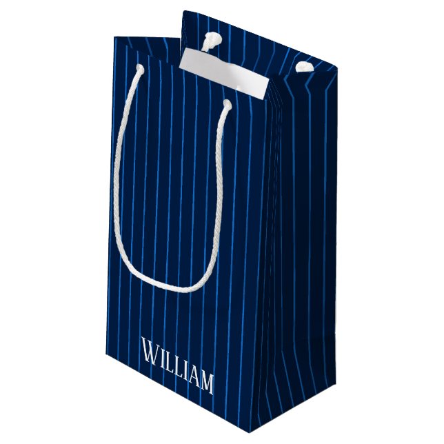 Personalized navy blue pinstripes small gift bag (Back Angled)