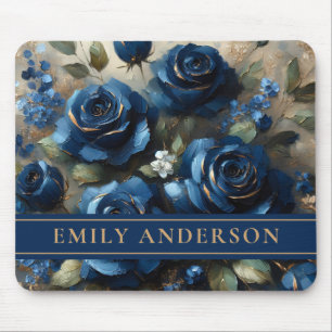 Personalized Navy Blue Roses Gold Oil Painting Mouse Pad