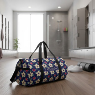 Personalized Navy Blue Vintage Floral Duffle Bag