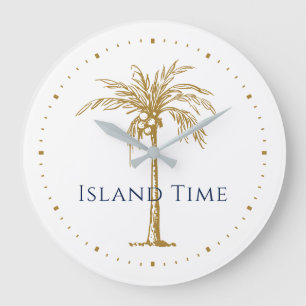 Personalized Navy Gold Artistic Palm Tree Tropical Large Clock