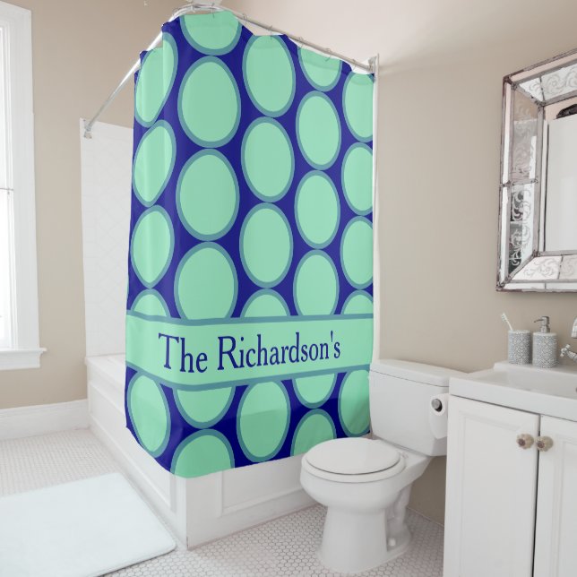 Personalized Navy Mint Polka Dot Pattern Modern  Shower Curtain (In Situ)