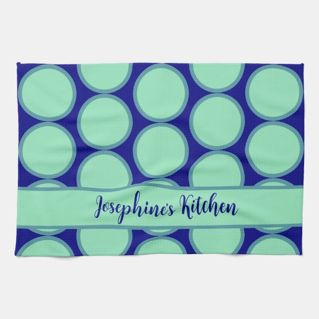 Personalized Navy Mint Polka Dot Pattern Modern  Tea Towel (Horizontal)