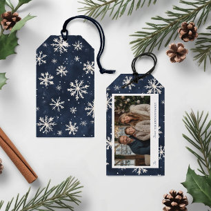 Personalized Navy Snowflake Christmas Photo Gift Tags