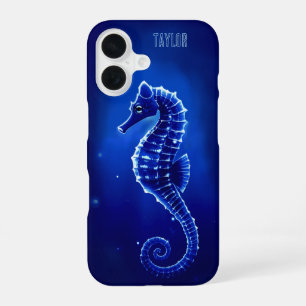 Personalized Neon Blue Seahorse iPhone 16 Case
