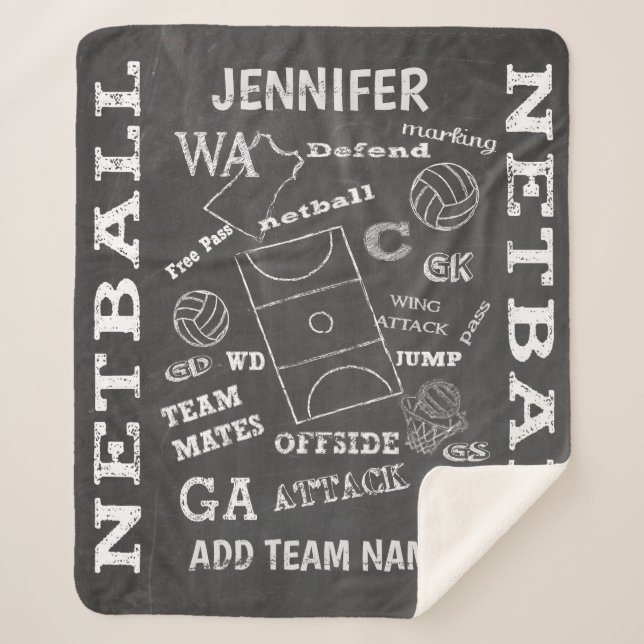 Personalized netball chalkboard style sherpa blanket (Front)