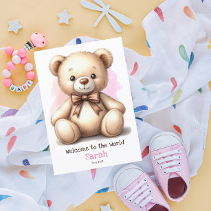 Personalized New Baby Pink Teddy Bear Card