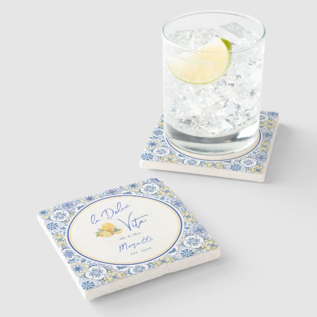 Personalized Newlywed Mediterranean Coastal Home  Stone Coaster (Side)