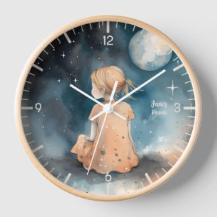 Personalized Night Sky watercolor with girl Clock