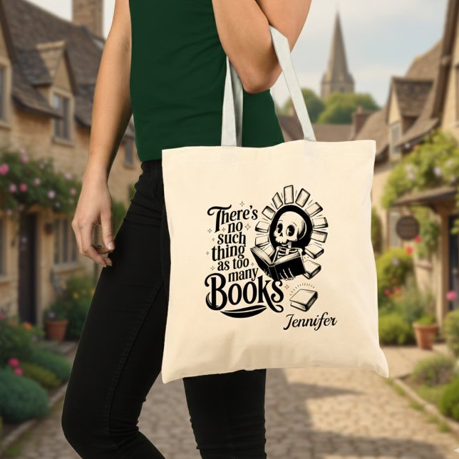 Personalized No Such Thing As Too Many Books Tote Bag (No such thing as too many books personalized tote bag in a village street.)
