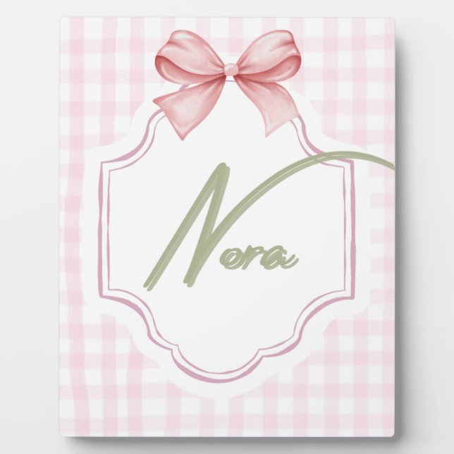 Personalized Nora Baby Girl Nursery Bow&Gingham  Plaque (Front)