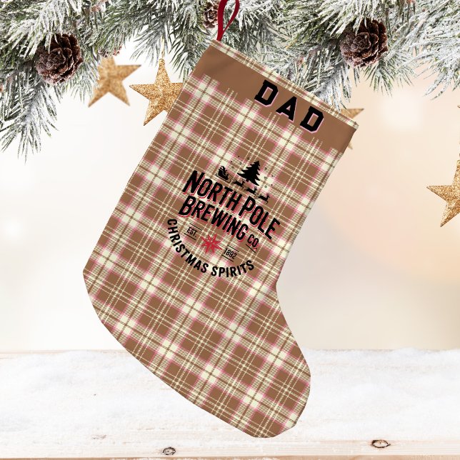 Personalized North Pole Brewing Small Christmas Stocking (🍺 North Pole Brewing Co. 🎄 Rustic plaid, holiday humor & custom charm for Dad or Grandpa!)