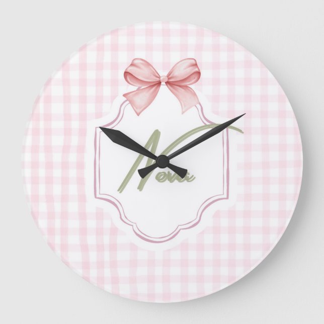 Personalized Nova Baby Girl Nursery Bow&Gingham  Large Clock (Front)