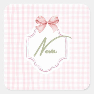 Personalized Nova Baby Girl Nursery Bow&Gingham Square Sticker