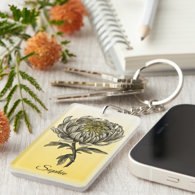 Personalized November Birth Flower Chrysanthemum Key Ring (Front Right)