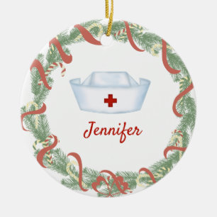Personalized Nurse Hat Christmas Wreath Ceramic Ornament