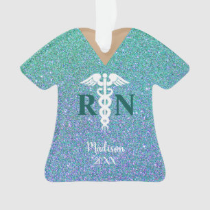 Personalized Nurse Teal Blue Glitter Scrub Top Ornament
