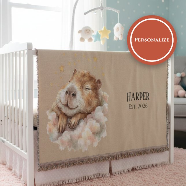 Personalized Nursery Blanket • Sleepy Capybara (Watercolor nursery blanket with sleepy capybara on clouds and stars on warm beige background)