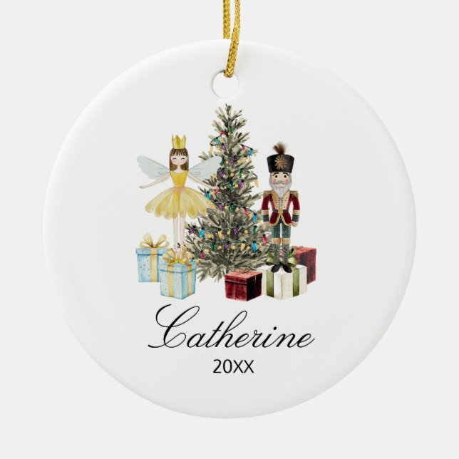 Personalized Nutcracker and Fairy Christmas Tree Ceramic Ornament (Front)