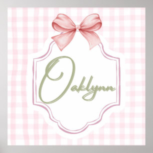 Personalized Oaklynn Baby Girl Nursery Bow&Gingham Poster