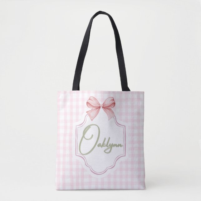 Personalized Oaklynn Baby Girl Nursery Bow&Gingham Tote Bag (Front)