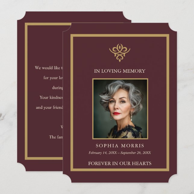 Personalized Old Money Burgundy Funeral Photo  Thank You Card (Front/Back)