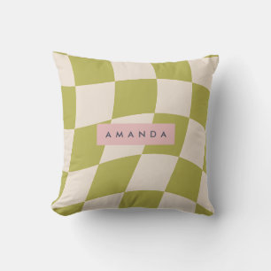 Personalized Olive Green Retro Checkered Wave Cushion