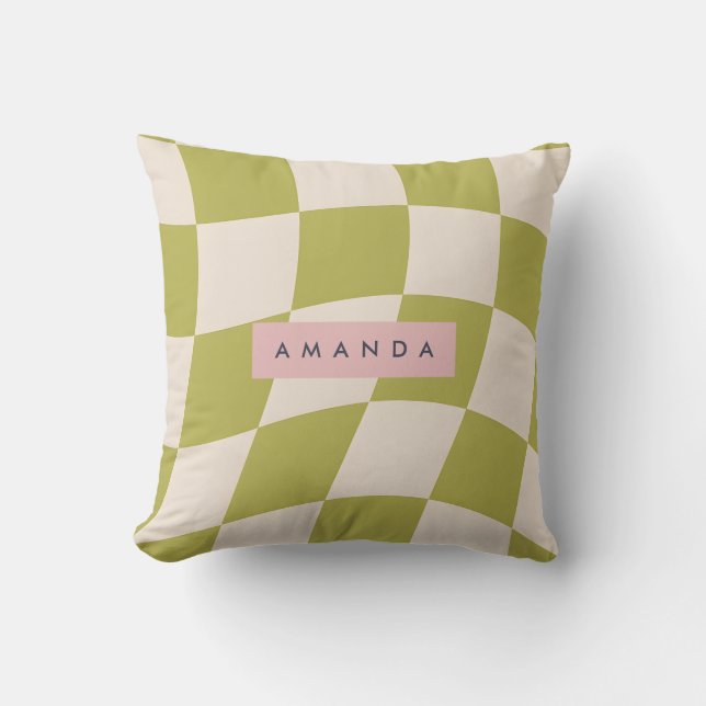 Personalized Olive Green Retro Checkered Wave Cushion (Front)