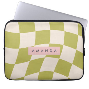 Personalized Olive Green Retro Checkered Wave Laptop Sleeve