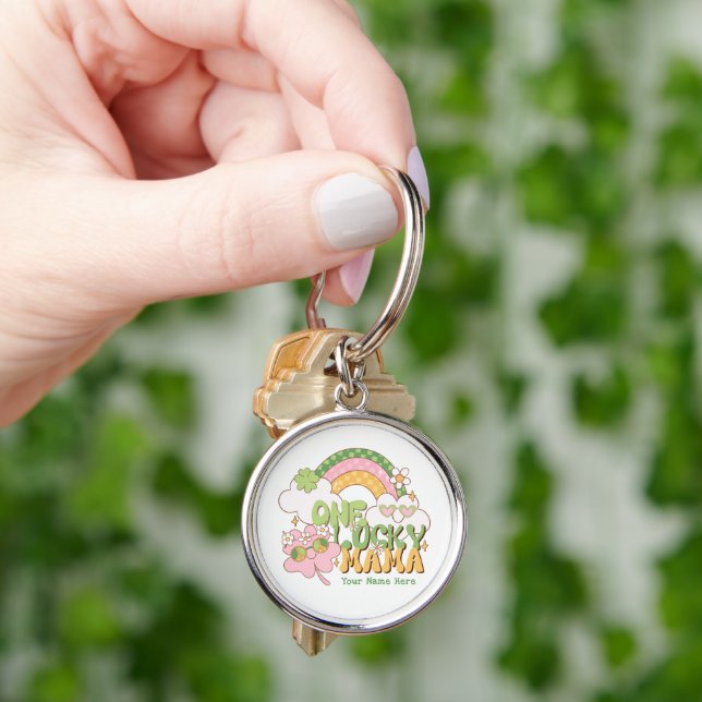 Personalized One Lucky Mama Groovy Rainbow Key Ring (Hand)