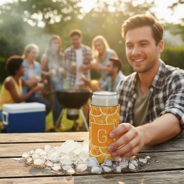 Personalized Orange Citrus Monogram Can Cooler (Creator Uploaded)