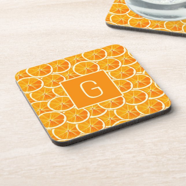 Personalized Orange Citrus Monogram Square Coaster (Left Side)
