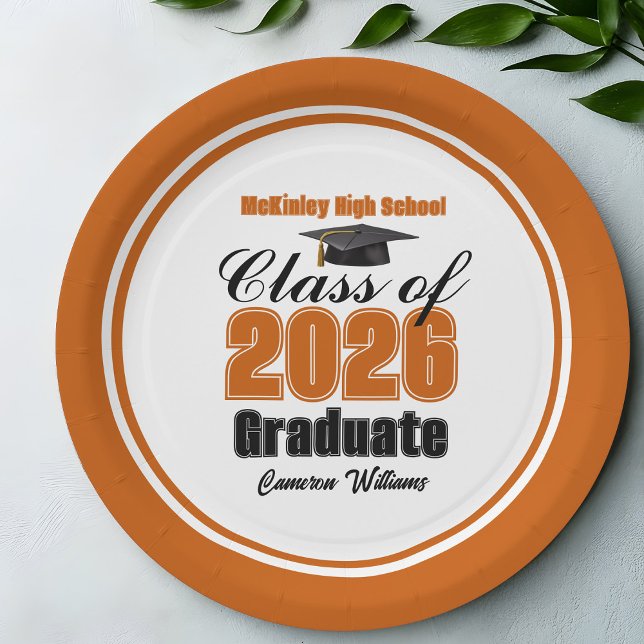 Personalized Orange Class of 2026 Graduation Party Paper Plate (Creator Uploaded)