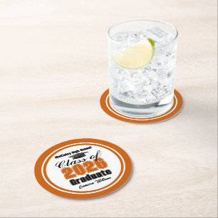 Personalized Orange Class of 2026 Graduation Party Round Paper Coaster