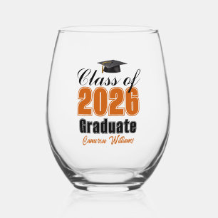 Personalized Orange Class of 2026 Graduation Stemless Wine Glass