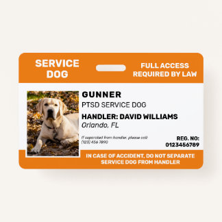 Personalized Orange White Service Dog Photo ID Badge