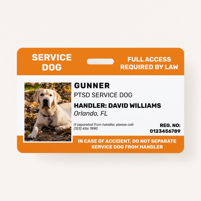 Personalized Orange White Service Dog Photo ID Badge (Front)