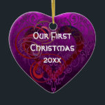 Personalized Our First Christmas Heart Ornament<br><div class="desc">Celebrate your first holiday season together with this beautiful Our First Christmas heart ceramic ornament. Featuring a romantic purple background with an elegant heart flourish, this ornament is the perfect keepsake to mark a special milestone in your relationship. Customize the ornament with your own year or meaningful date, creating a...</div>