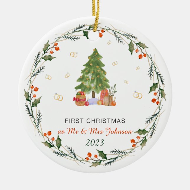 Personalized Our First Christmas Married Ceramic Ornament (Front)