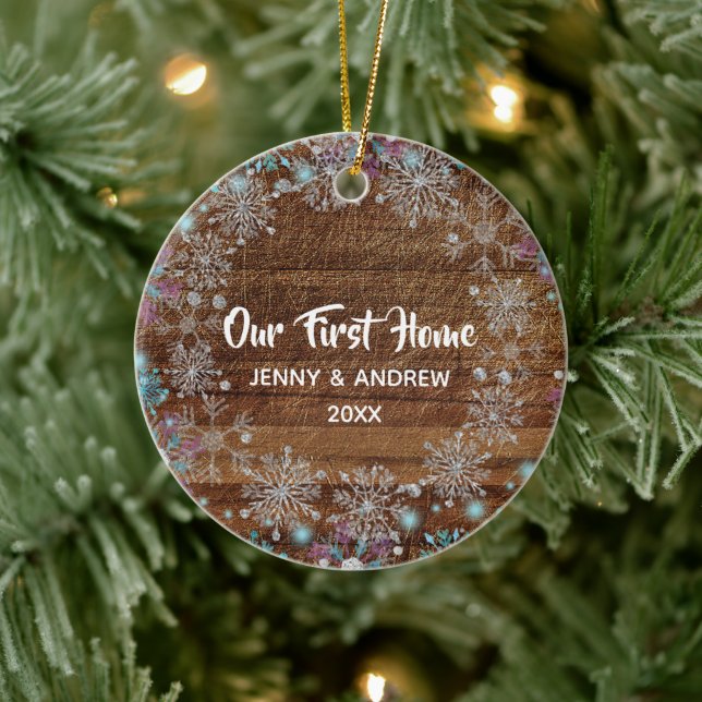 Personalized Our New Home Rustic Snowflakes Ceramic Ornament (Tree)