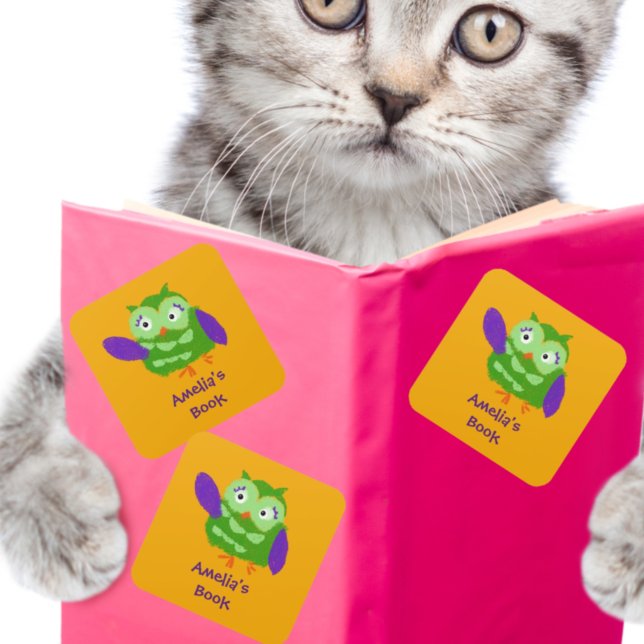 Personalized Owl This Book Belongs to Square Sticker (Creator Uploaded)