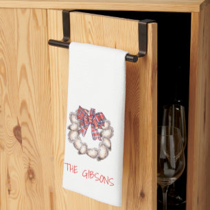 Personalized Oyster Wreath Plaid Bow Bar  Tea Towel