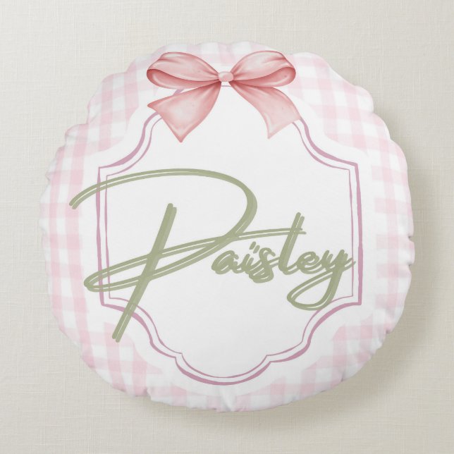 Personalized Paisley Baby Girl Nursery Gingham  Round Cushion (Front)
