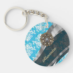 Personalized pale blue pretty girly damask pattern key ring