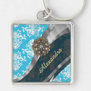 Personalized pale blue pretty girly damask pattern key ring