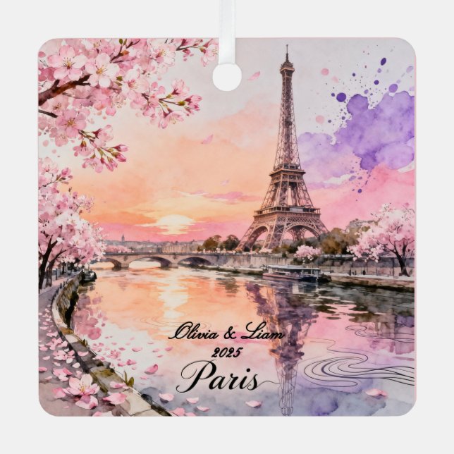Personalized Paris Couple’s Keepsake Metal Tree Decoration (Front)