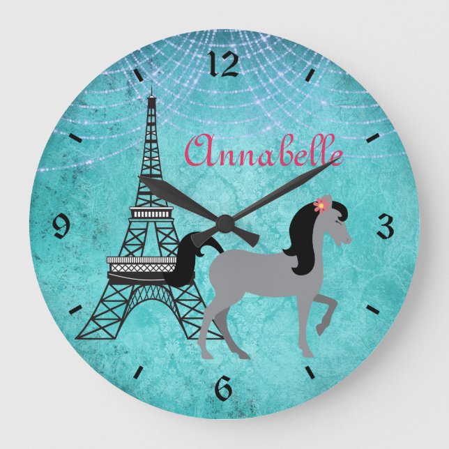 Personalized Paris Pony Oh La La Grey Horse Large Clock (Front)