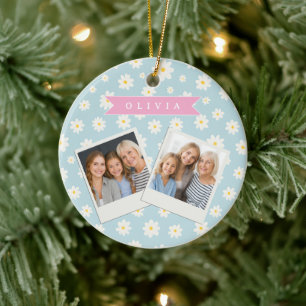 Personalized Pastel Blue Daisy Coquette Girly Cute Ceramic Ornament