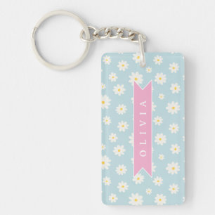 Personalized Pastel Blue Daisy Coquette Girly Cute Key Ring