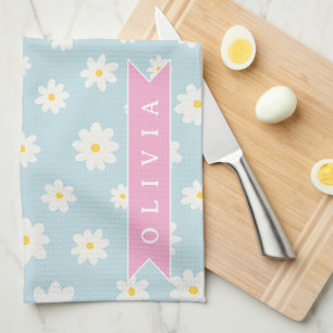 Personalized Pastel Blue Daisy Coquette Girly Cute Tea Towel